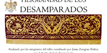 Así es la bambalina frontal bordada del palio de la Virgen de los Desamparados