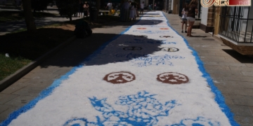 Los jóvenes cofrades volvieron a hacer una alfombra de sal para la Patrona que este año se sitúa en la Alameda del Carmen