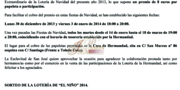 A partir del lunes podrá cobrarse la lotería de Navidad de la Hermandad de San José