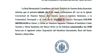 El sábado, 4 de enero, cultos mensuales de la hermandad del Santo Entierro